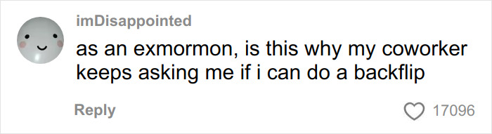Comment mentioning an exmormon asked if they can do a backflip, referencing the Mormon backflip theory trend online.