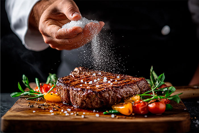 Hand sprinkling coarse salt over a grilled steak with cherry tomatoes and herbs on a wooden cutting board, cooking smarter.