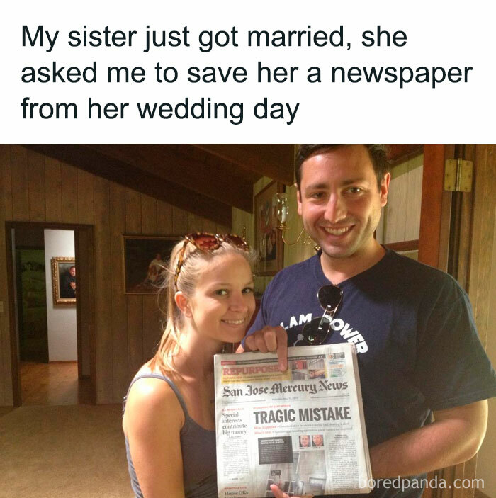 Couple smiling while holding a newspaper with headline tragic mistake, part of posts that go from 0 to 100 real quick.