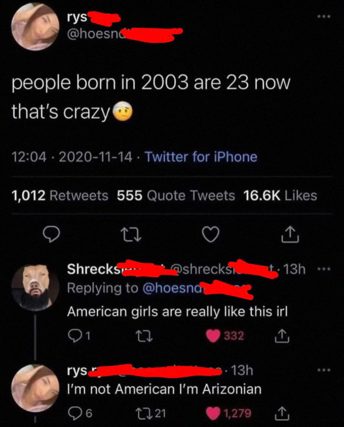 Tweet conversation showing a fast shift in tone with a humorous correction about nationality in viral social media posts.