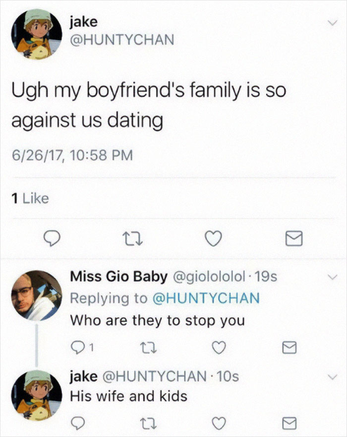 Twitter conversation showing a dating drama post that goes from 0 to 100 real quick in a funny exchange.