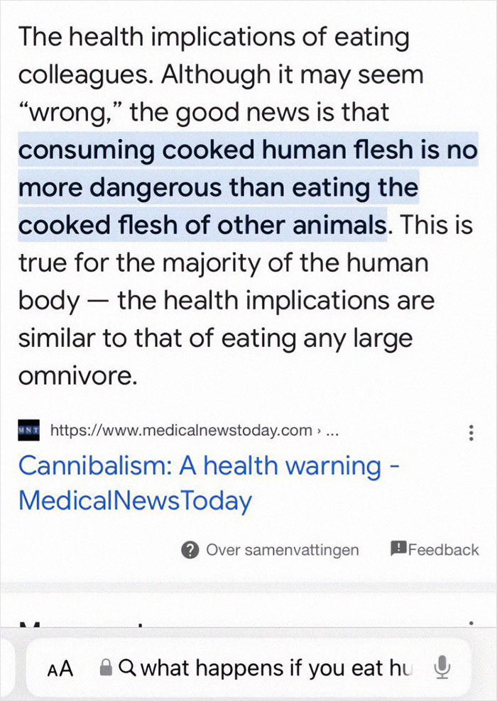 Text about health implications of eating humans, highlighting consuming cooked human flesh is no more dangerous than other animals.
