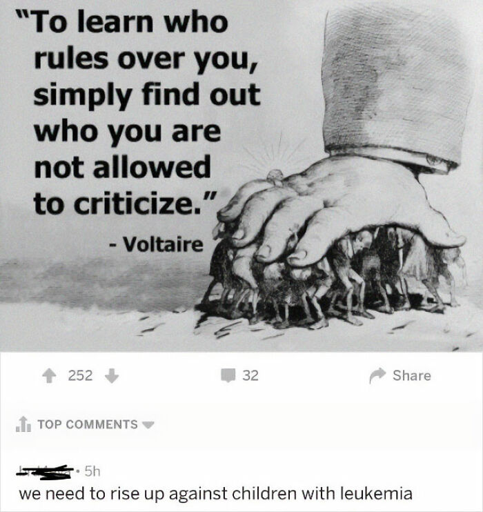 Illustration of a large hand pressing down on small people with a Voltaire quote, from posts that go from 0 to 100 real quick.