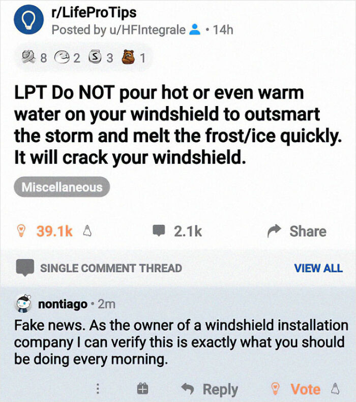 Reddit post warning against pouring hot water on windshields to melt ice, sparking debate on life pro tips.