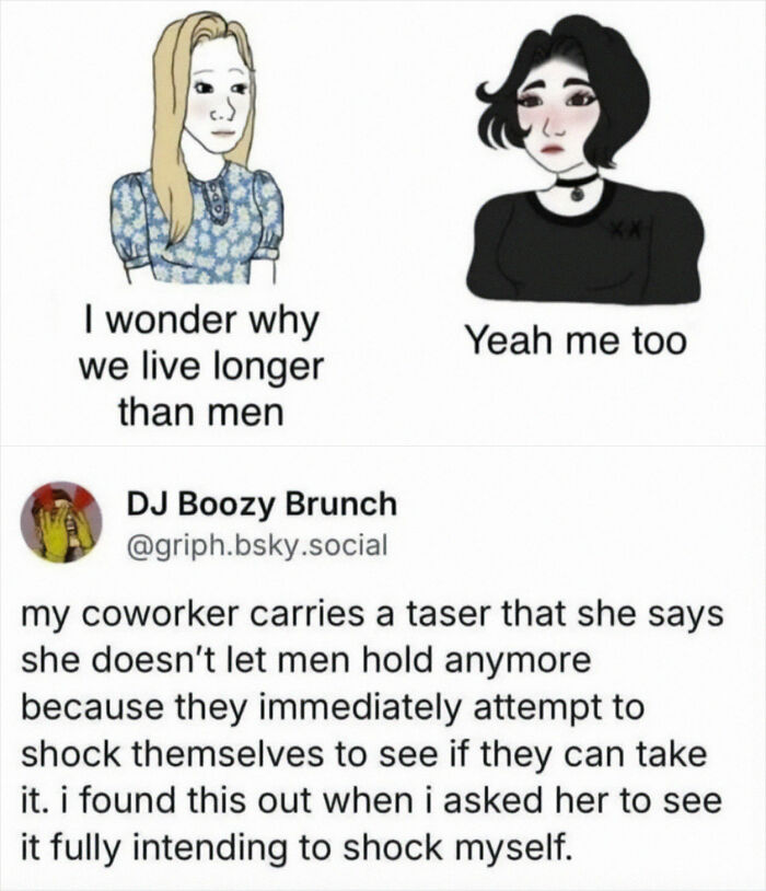 Two illustrated women discussing why women live longer than men, paired with a humorous social media post about a coworker carrying a taser.