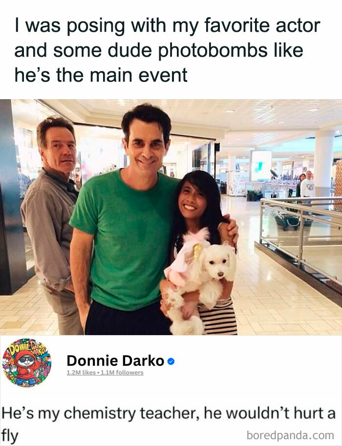 Photobomb moment with a chemistry teacher mistaken for a favorite actor, captured in a mall setting for posts that go from 0 to 100 real quick.
