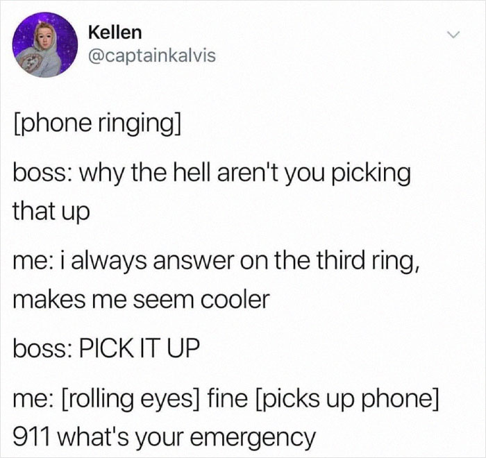 Text conversation meme showing a boss demanding an employee answer the phone, who then pretends to call 911 abrupt humor.