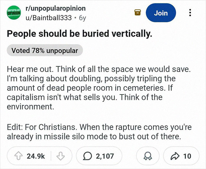 Reddit unpopular opinion post discussing vertical burial to save cemetery space and environmental benefits.