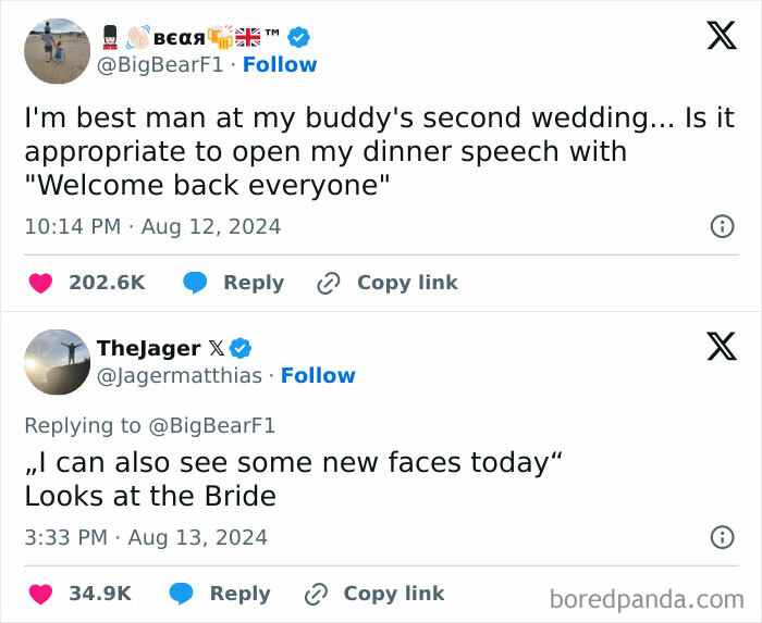 Screenshot of a humorous social media exchange featuring a best man’s wedding speech with quick witty replies.