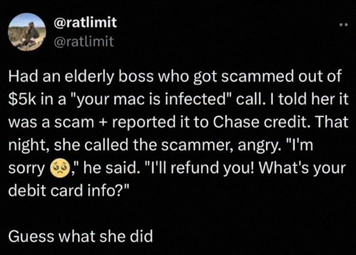 Tweet about an elderly boss scammed with a fake Mac infection call, highlighting quick scams and scammer interactions.