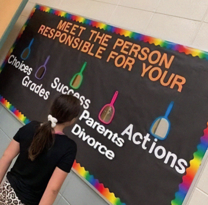 A girl looks at a bulletin board displaying choices, grades, success, parents, divorce, and actions in a school hallway.