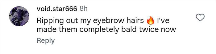 Screenshot of a social media comment revealing a hilariously strange thing someone does when no one is watching, about eyebrow hair removal.