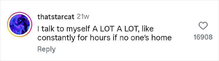 Comment revealing a hilariously strange thing people do when no one is watching: talking to themselves for hours at home.