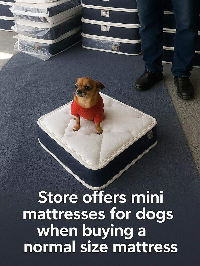 Small dog wearing a red sweater sitting on a mini mattress, showcasing adorable and wholesome posts to brighten your feed.