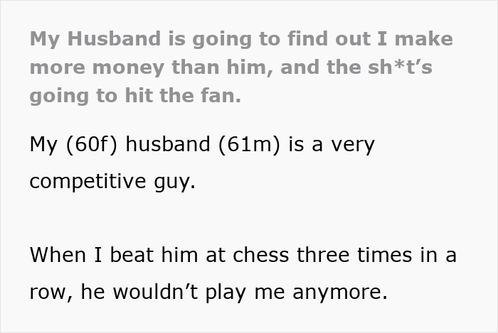 Text showing wife's concern about husband feeling emasculated because she makes more money than him and he is very competitive.