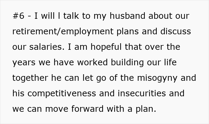 Text discussing a wife planning to talk to her husband about employment and salaries to address his insecurities and competitiveness.