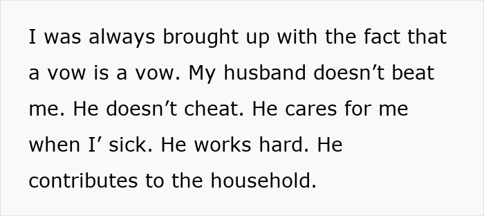 Alt text: Text discussing a wife reflecting on her husband's positive qualities amid concerns about him feeling emasculated.