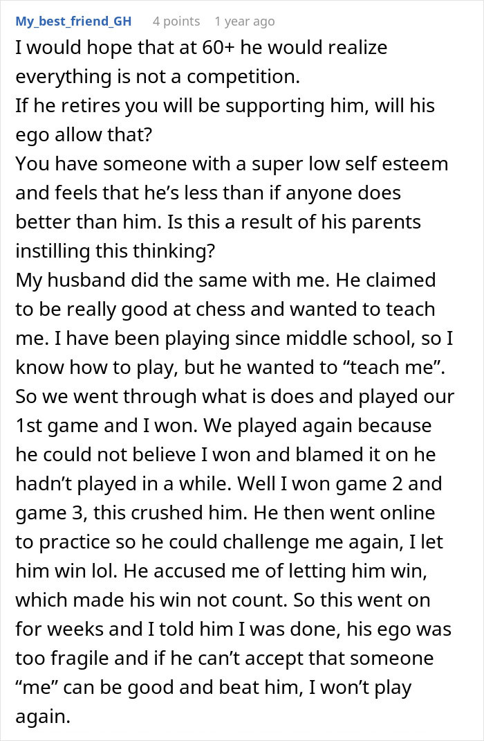 Comment about husband&rsquo;s low self esteem and feeling emasculated when wife makes more money, affecting their relationship dynamics.