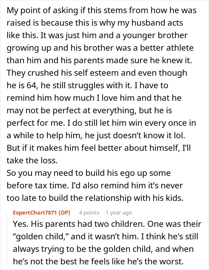 Text excerpt discussing wife's efforts to keep husband from feeling emasculated due to income differences and self-esteem issues.