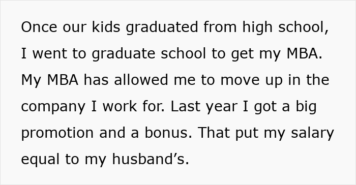 Text about a wife&rsquo;s MBA and promotion leading to a salary equal to her husband&rsquo;s, addressing emasculation concerns.