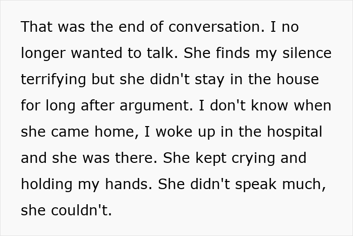 Text excerpt showing a woman so mad at husband she misses calls from the hospital where he ended up after argument.
