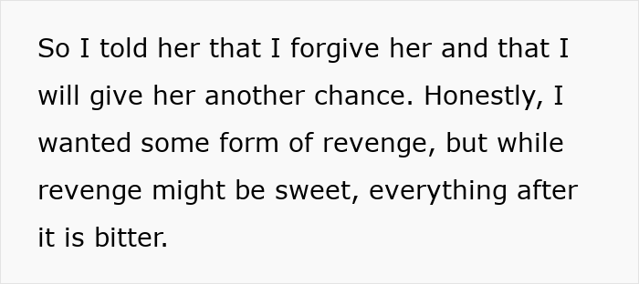 Text excerpt about forgiving and giving another chance despite feelings of revenge, related to woman mad at husband missing hospital calls.