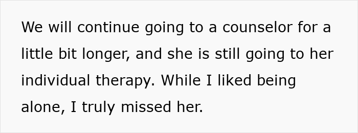 Text from a screen showing a personal reflection on continuing couples counseling and missing the spouse after time apart.