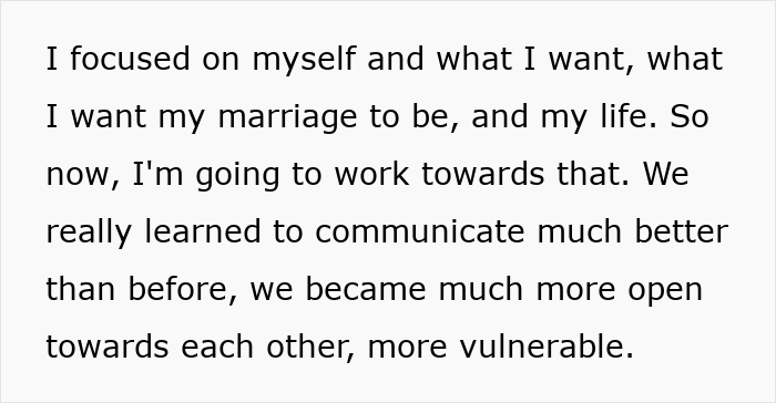 Text excerpt about woman focusing on herself and improving communication after missing hospital calls during anger with husband.