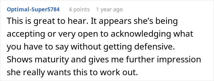 Comment text on a white background discussing a woman so mad at her husband she misses hospital calls after their argument.