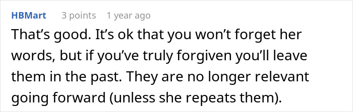 Screenshot of a forum comment discussing forgiveness and moving past hurtful words after an argument.