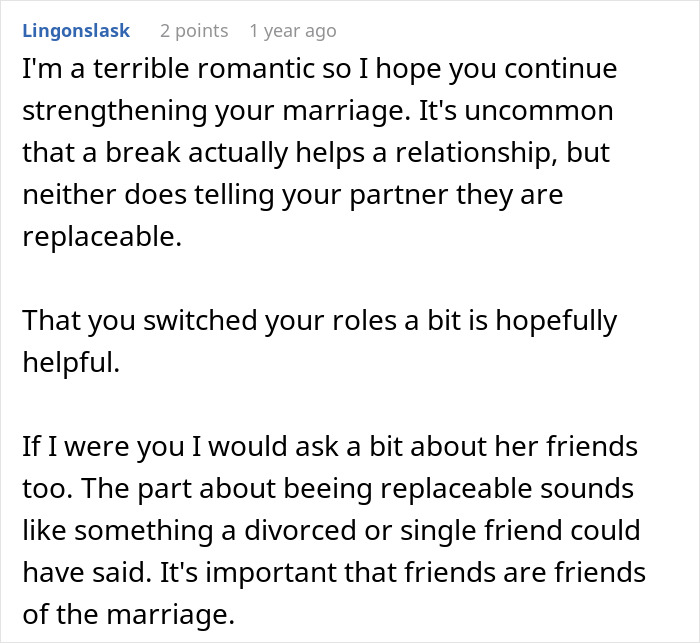 Screenshot of a Reddit comment discussing relationship advice after a woman misses hospital calls following a fight with her husband.
