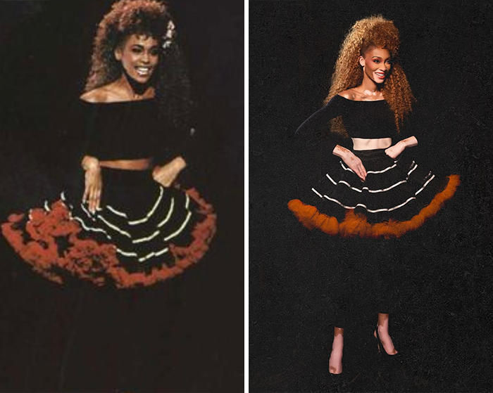 Winnie Harlow dressed as Whitney Houston in a black and red outfit, facing backlash for her Halloween costume.