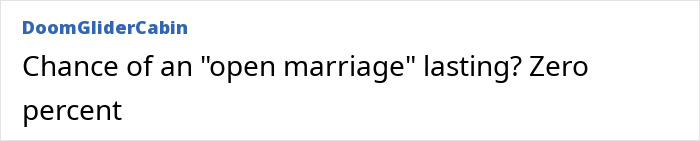 Text post from DoomGliderCabin stating chance of an open marriage lasting is zero percent about mystery woman at center of Lily Allen and David Harbour cheating rumors.