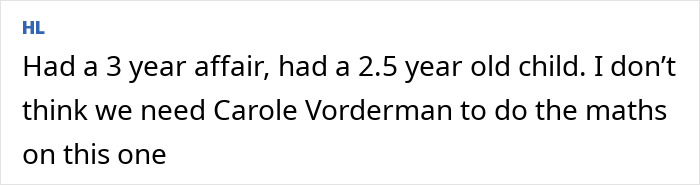 Text on screen stating opinion about affair and child in context of mystery woman at center of Lily Allen and David Harbour cheating rumors.