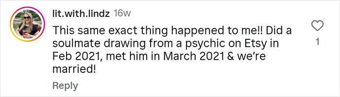 Screenshot of a woman&rsquo;s comment describing how a psychic drawing changed her love life within days.