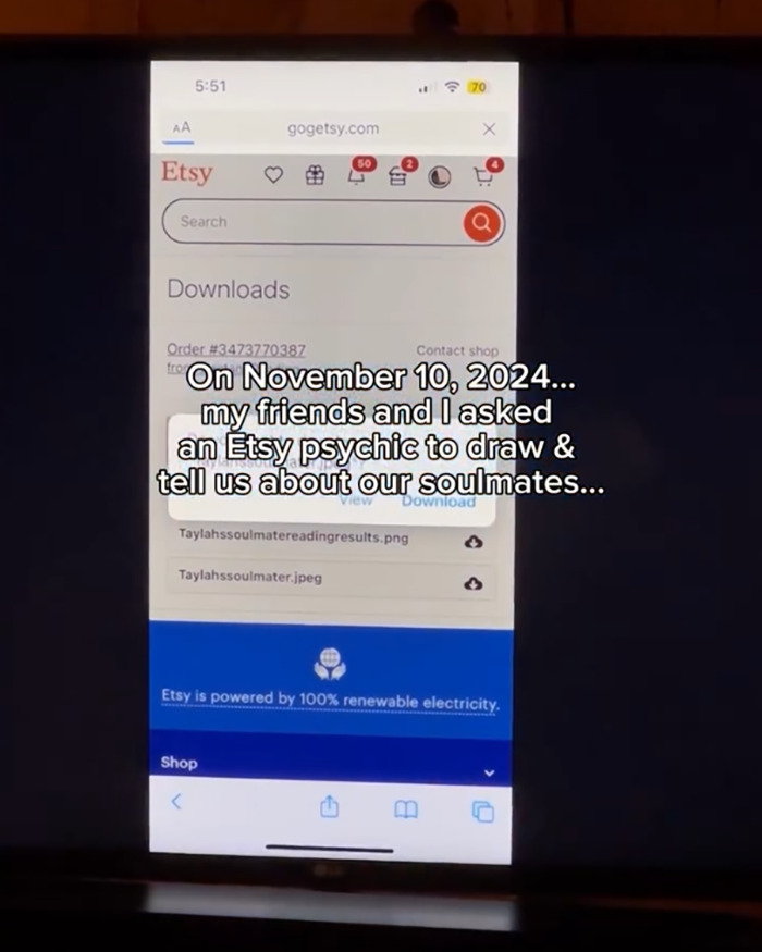 Smartphone screen showing an Etsy psychic drawing order related to soulmate readings that changed a woman's love life.