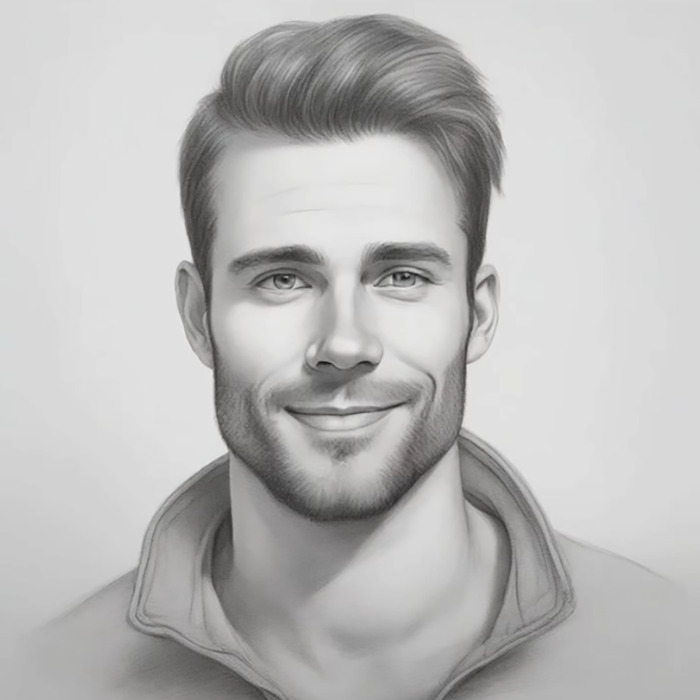 Portrait of a smiling man in a grayscale psychic drawing style, related to viral love life changes.