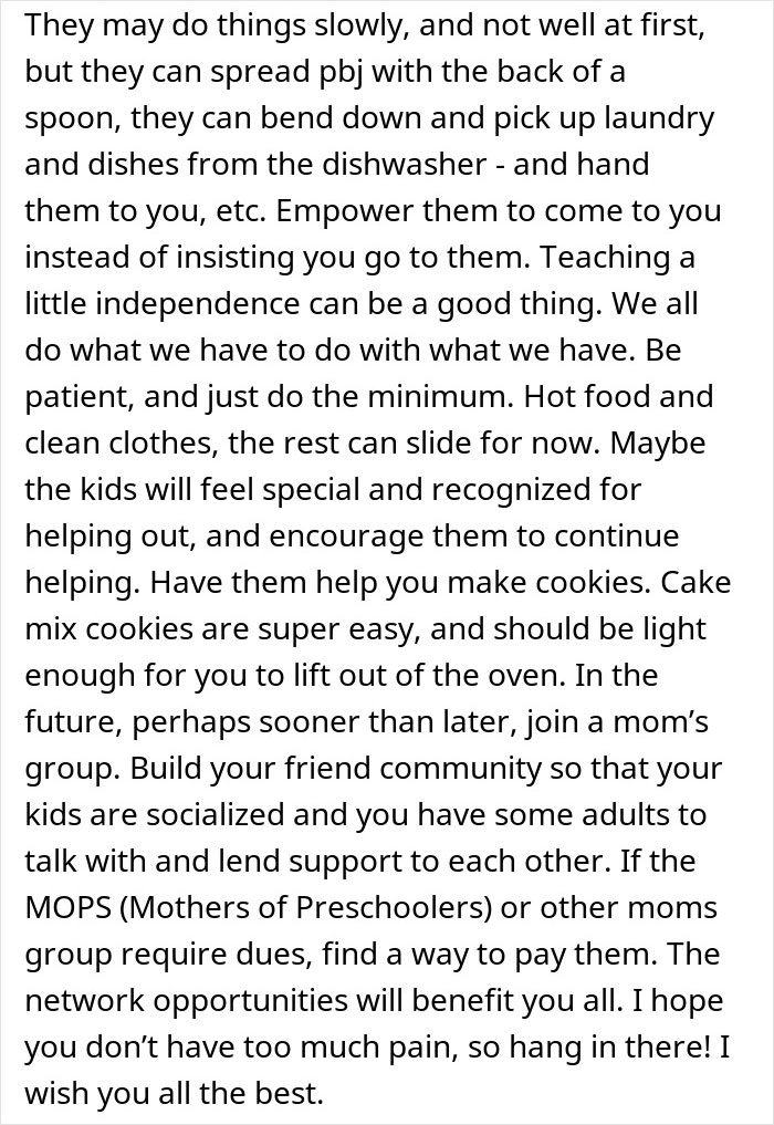 Woman with two kids looking distressed, lacking support after surgery, struggling to manage daily tasks alone.