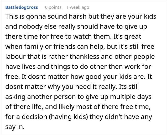 Comment discussing lack of support for woman with two kids after surgery, highlighting free labor and time sacrifice.
