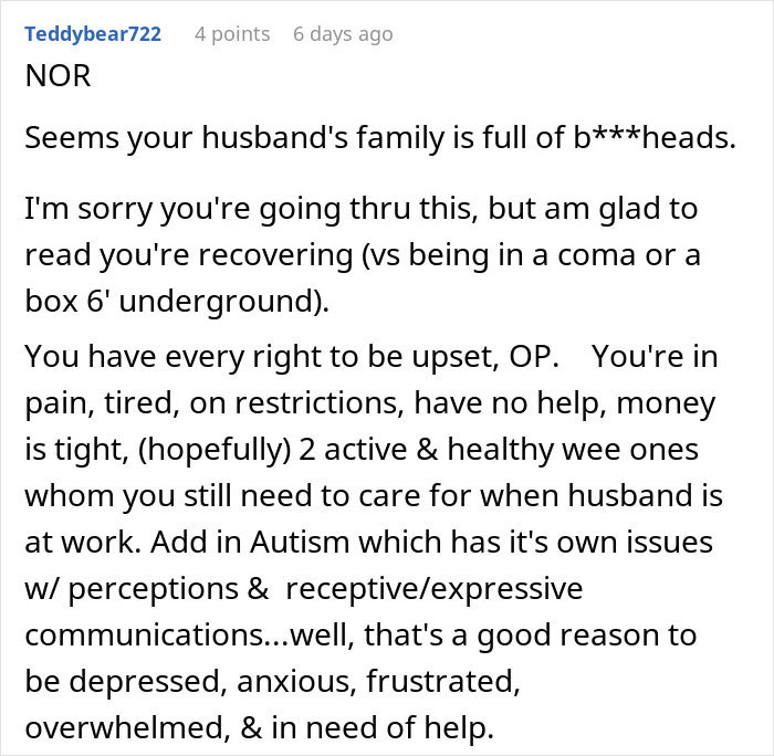 Comment expressing support for a woman struggling with no help after surgery while caring for two kids with autism.