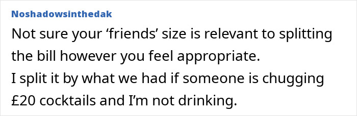 Screenshot of an online comment discussing bill splitting and addressing friends' size in a social situation.