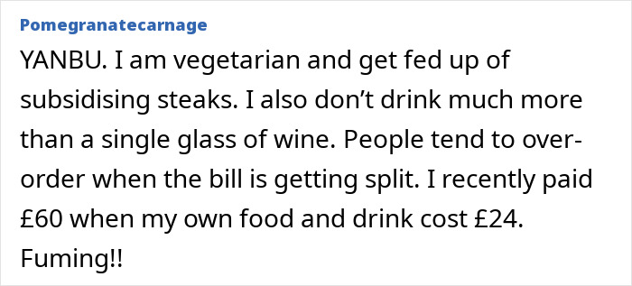Screenshot of a woman asking for advice on a bill splitting situation, facing accusations of fat-shaming friends.