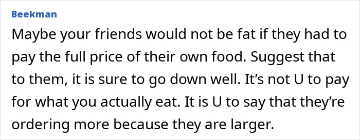 Text exchange about bill splitting where woman is accused of fat-shaming friends for how much they eat and pay.