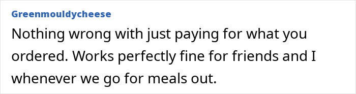 Comment about woman asking advice on bill splitting and being accused of fat-shaming friends in an online discussion.