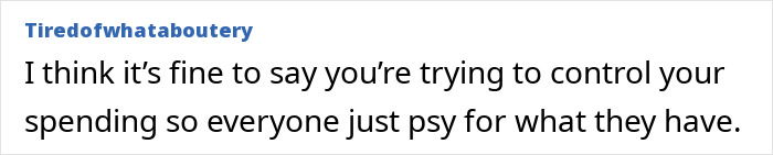 Screenshot of an online comment about controlling spending and bill splitting advice in a social discussion.