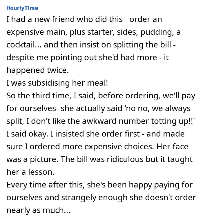 Text post about a woman asking advice on a bill splitting situation with friends, facing fat-shaming accusations.