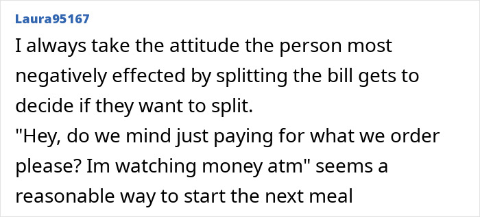 Screenshot of an online forum post discussing advice on bill splitting and being accused of fat-shaming friends.