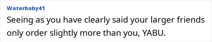Comment from Waterbaby41 discussing a bill splitting situation involving accusations of fat-shaming friends.