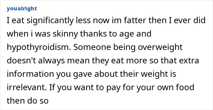 Comment discussing bill splitting and fat-shaming in a situation involving friends and body weight perceptions.