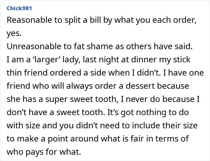Text excerpt discussing a woman asking advice on bill splitting, addressing accusations of fat-shaming friends.